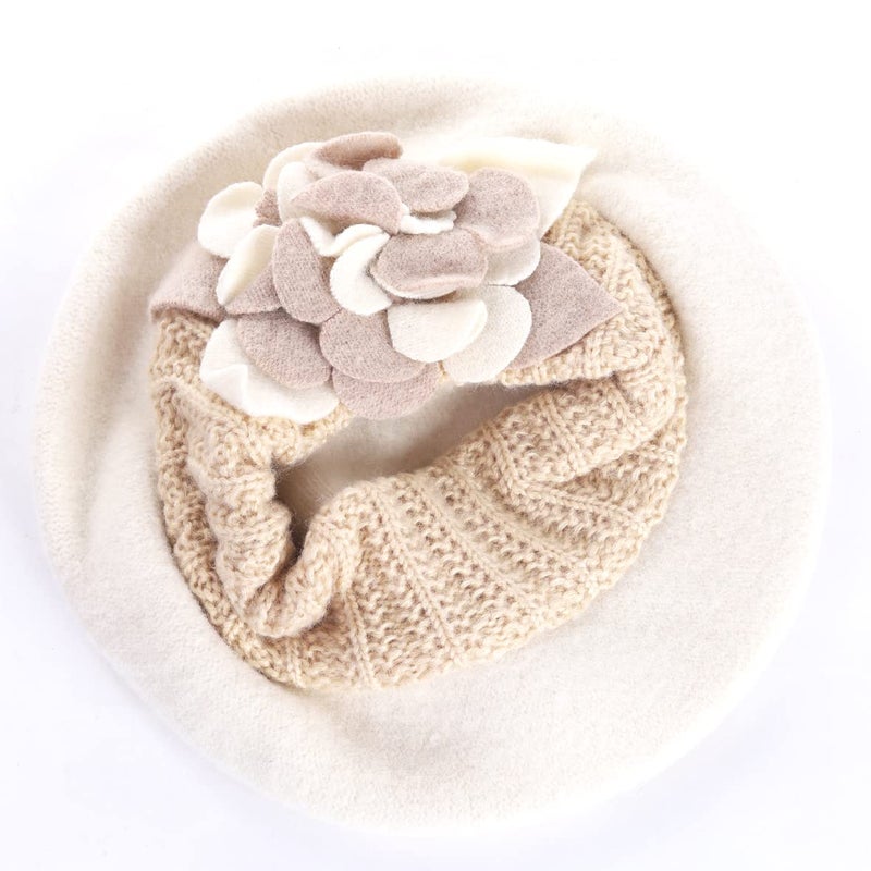 VECRY Lady French Beret 100% Wool Beret Floral Dress Beanie Winter Hat (Floral-Ivory) - Image 3